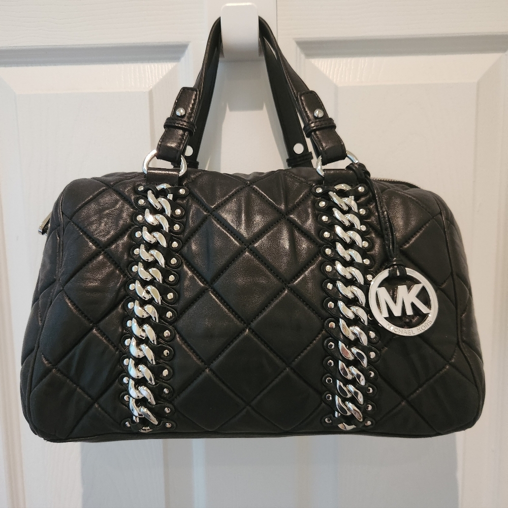 Michael Kors Black Quilted Satchel with Silver Chain Detail